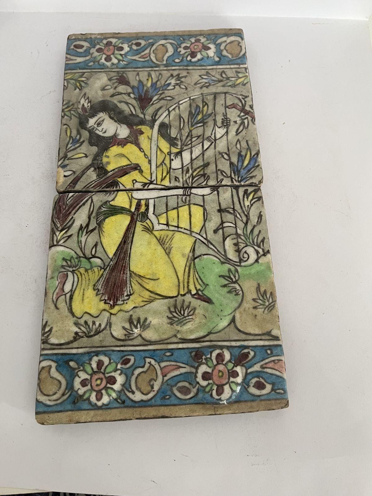 Qajar Era Persian Hand Painted Double Tile Panel With Female Musician (19th Century) photo Home Fixtures