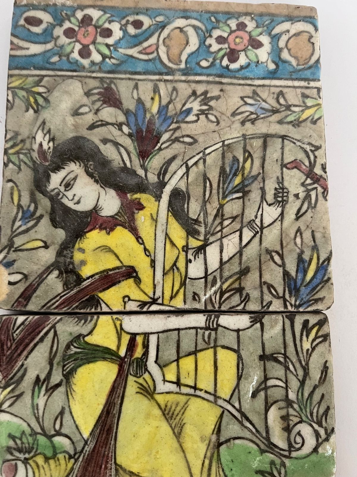 photo furniture Qajar Era Persian Hand Painted Double Tile Panel With Female Musician (19th Century)