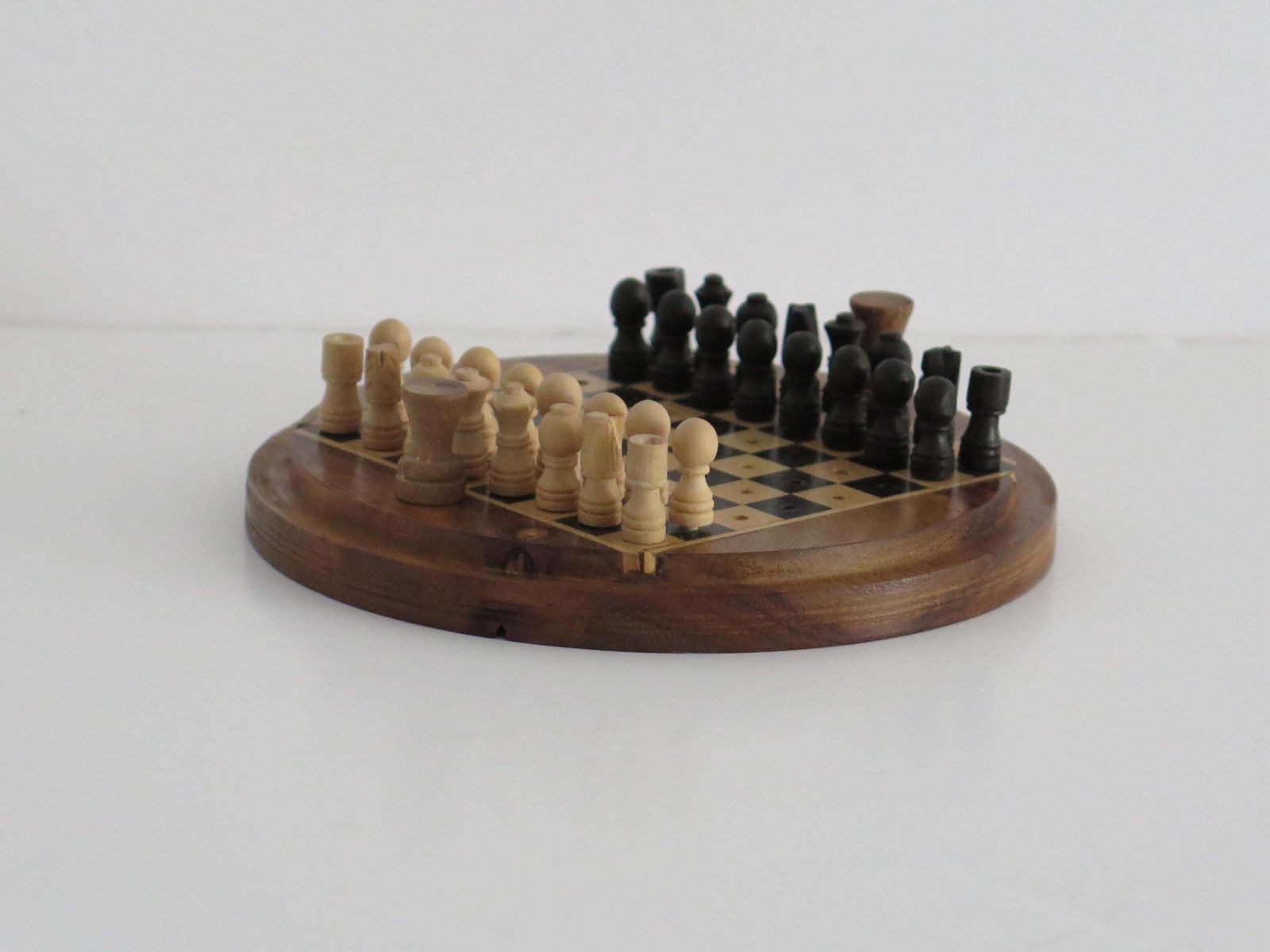 Miniature Travelling Chess Set Game Inlaid Walnut Box Handmade, Circa 1930's photo vintage