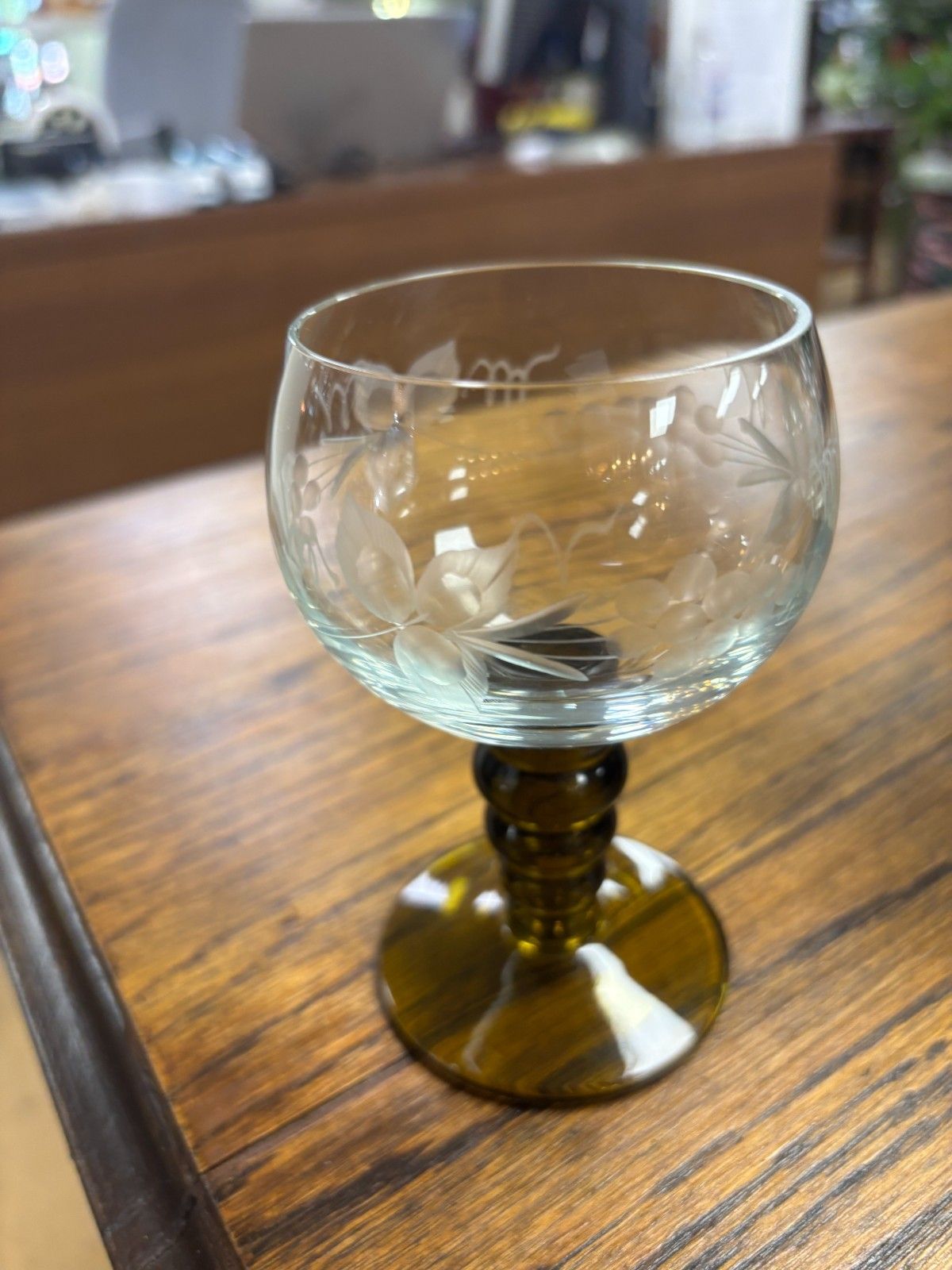 photo for sale Set Of Six Vintage Olive Green & Etched Clear Glass Wine Glasses