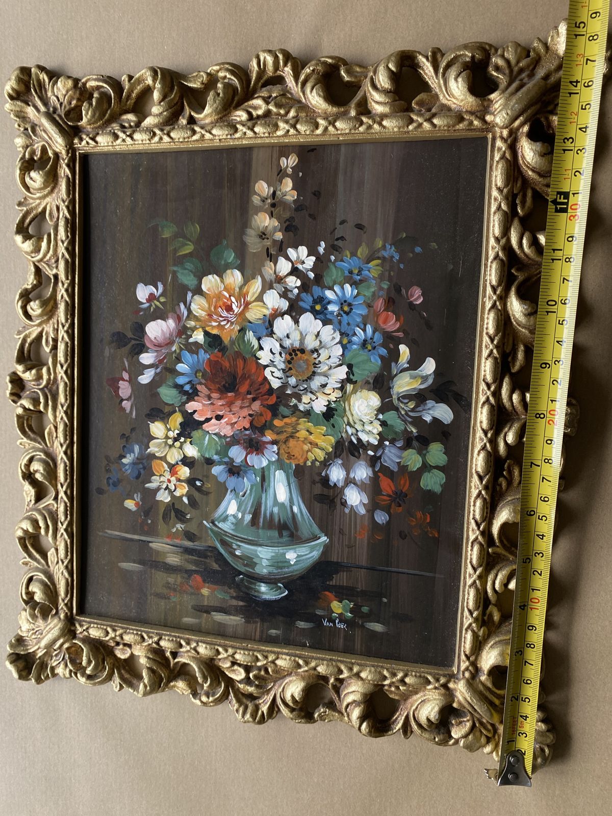 Oil Painting Flowers Ornate Gold Metal Frame Medium Dark Background Peerart Vtg photo for sale