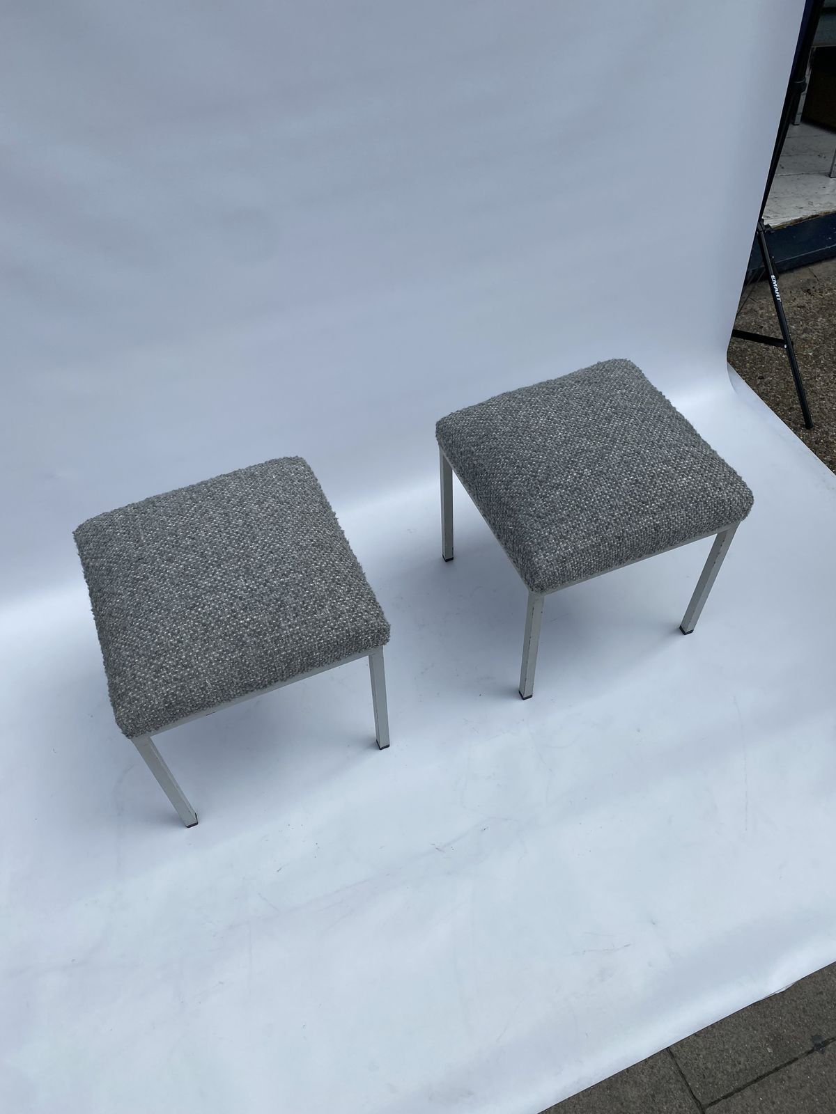 1960s Industrial Pair Iron Foot Stools Scandinavian Midcentury New Boucle Upholstery photo vintage