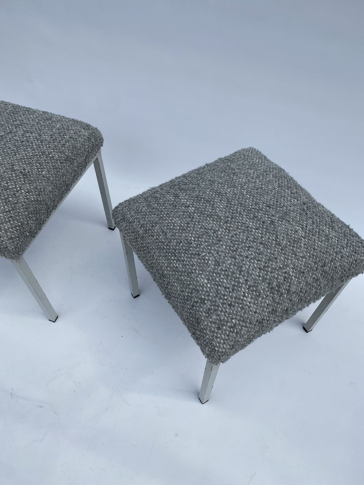photo furniture 1960s Industrial Pair Iron Foot Stools Scandinavian Midcentury New Boucle Upholstery