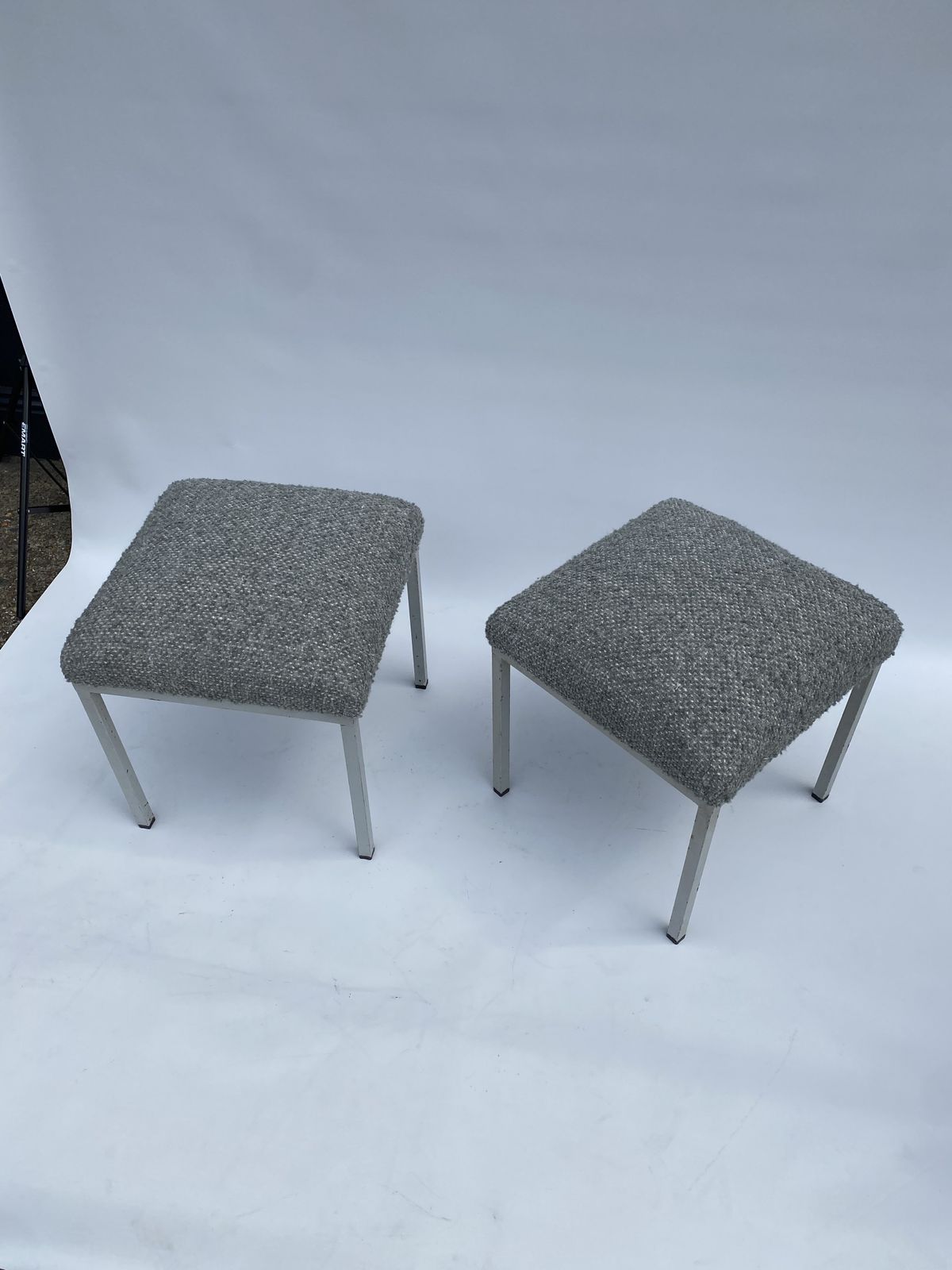 photo for sale 1960s Industrial Pair Iron Foot Stools Scandinavian Midcentury New Boucle Upholstery