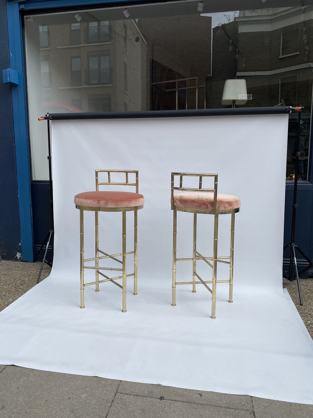 photo for sale 1970s Pair Pink Dedar Velvet Brass Faux Bamboo Bar Stools Hollywood Regency Breakfast Bar Kitchen