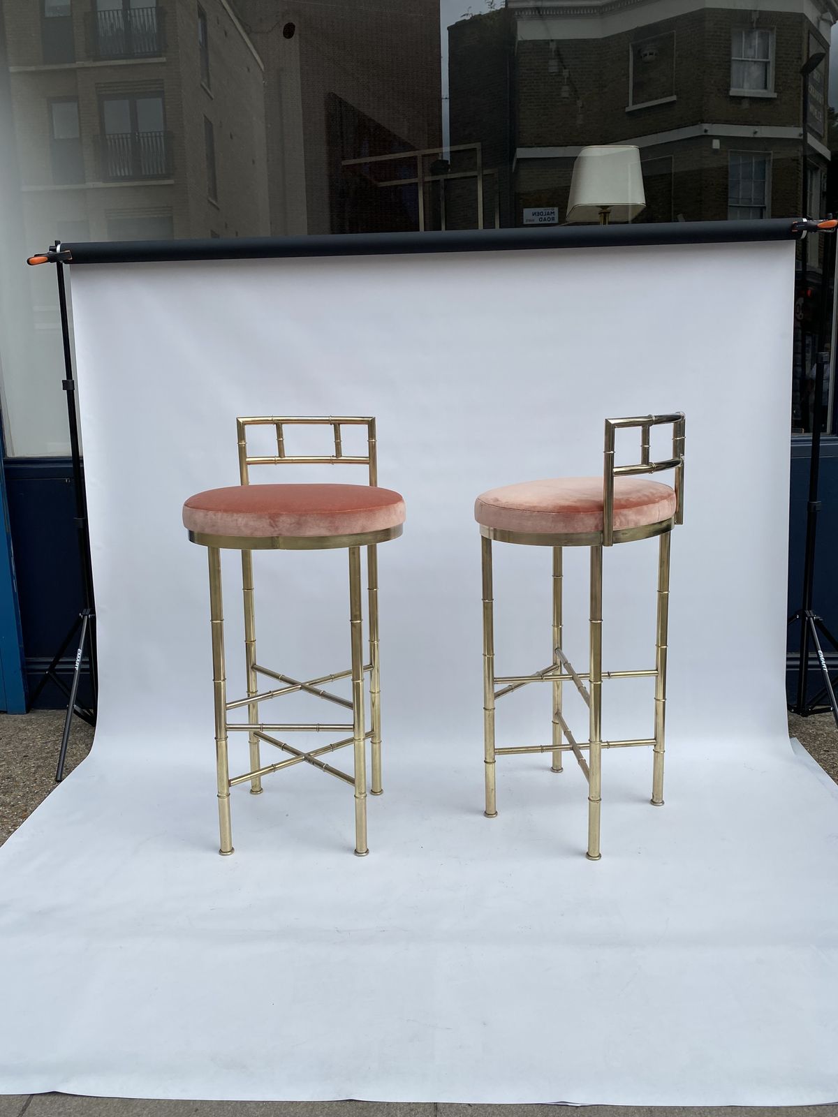 Furniture 1970s Pair Pink Dedar Velvet Brass Faux Bamboo Bar Stools Hollywood Regency Breakfast Bar Kitchen photo