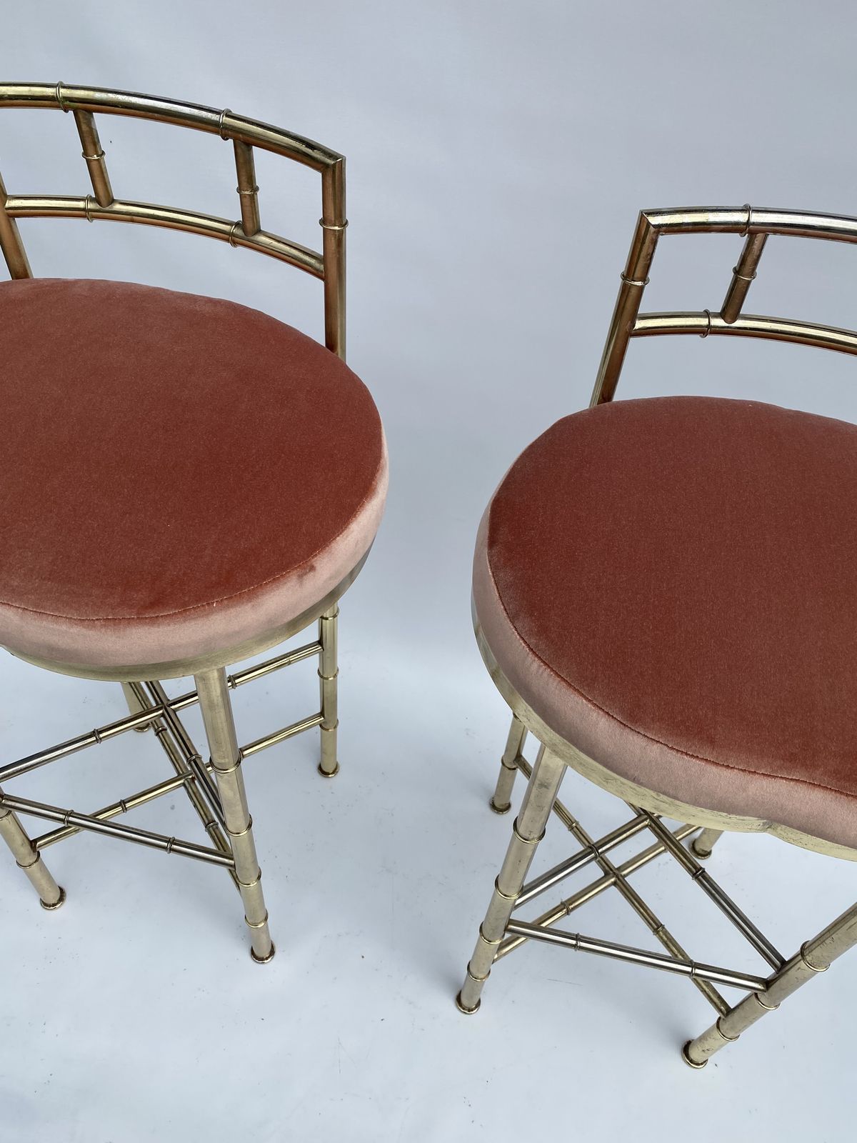 photo buy 1970s Pair Pink Dedar Velvet Brass Faux Bamboo Bar Stools Hollywood Regency Breakfast Bar Kitchen