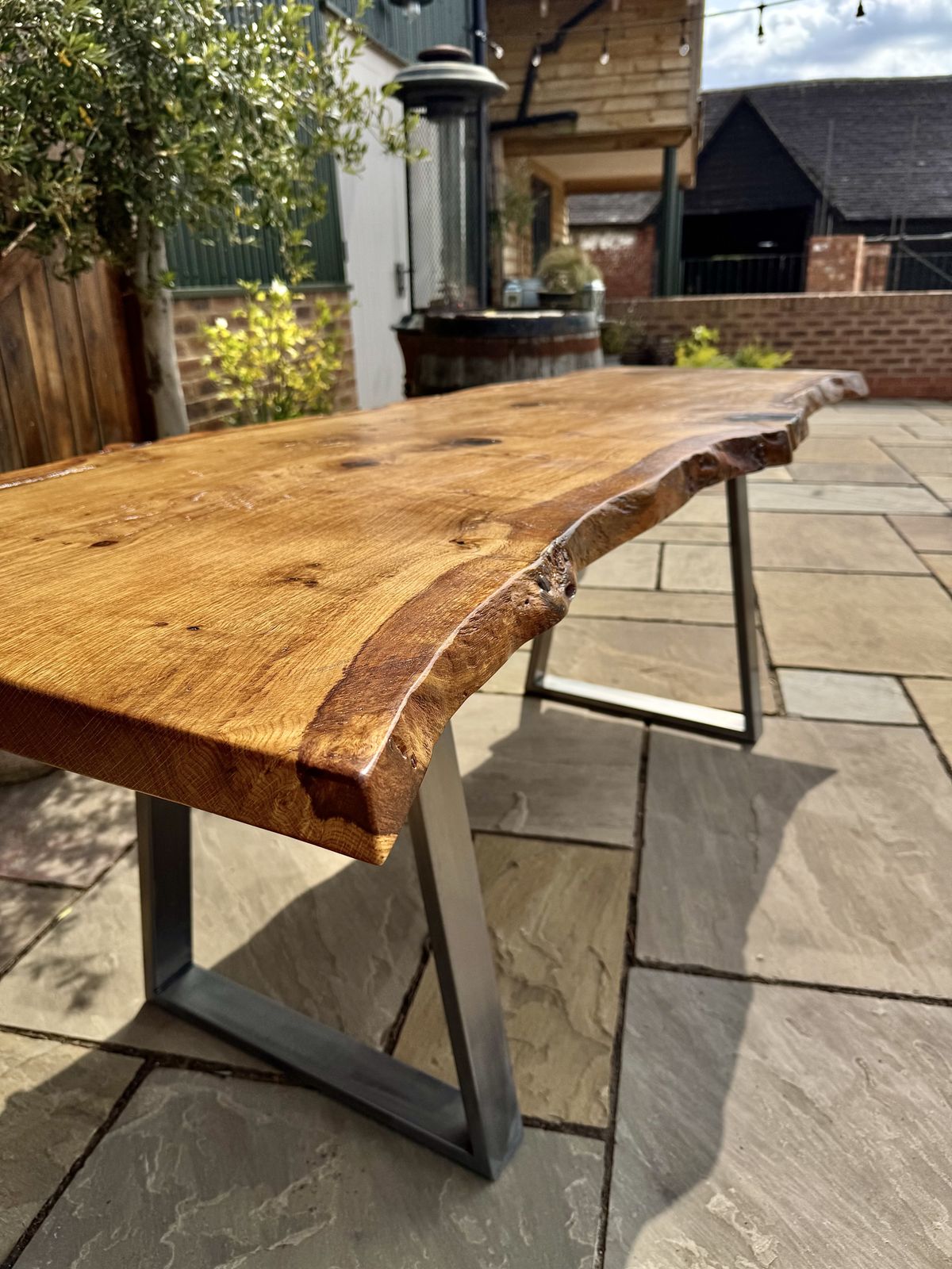Handmade English Oak Live Edge Dining Table With Brushed Steel Legs photo vinterior