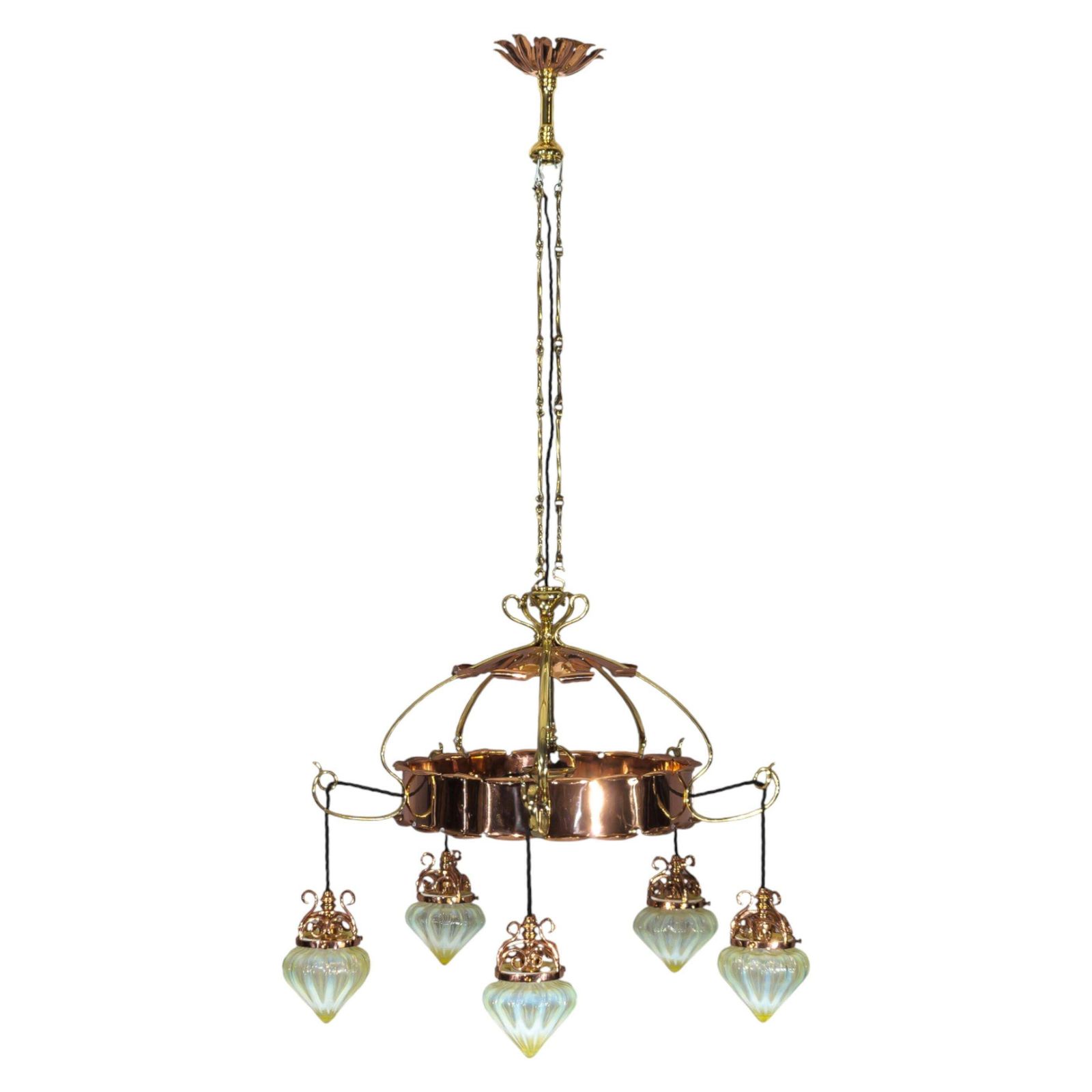 W. A. S. Benson. Arts & Crafts Copper & Brass Chandelier With 5 Vaseline Shades photo furniture