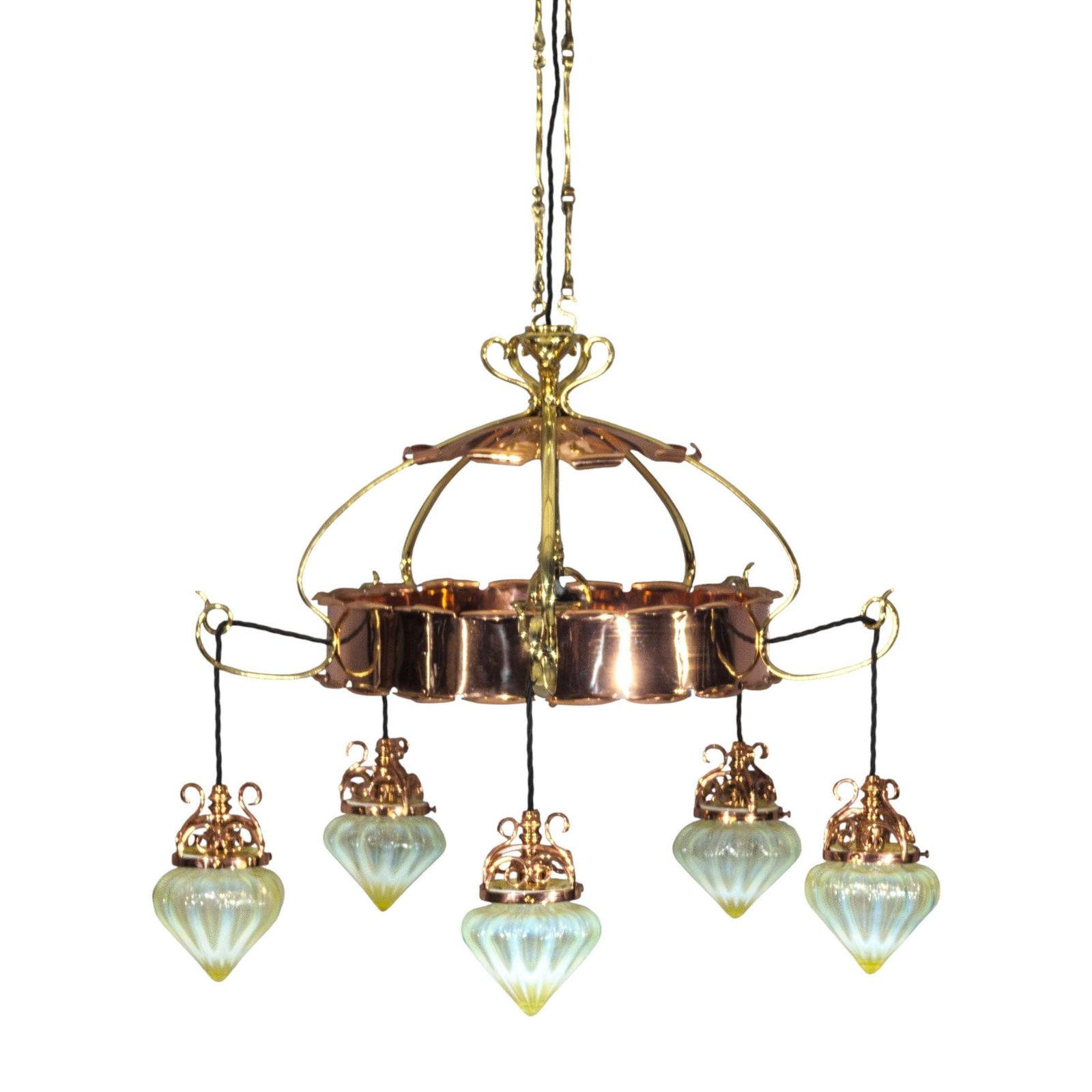 W. A. S. Benson. Arts & Crafts Copper & Brass Chandelier With 5 Vaseline Shades photo for sale
