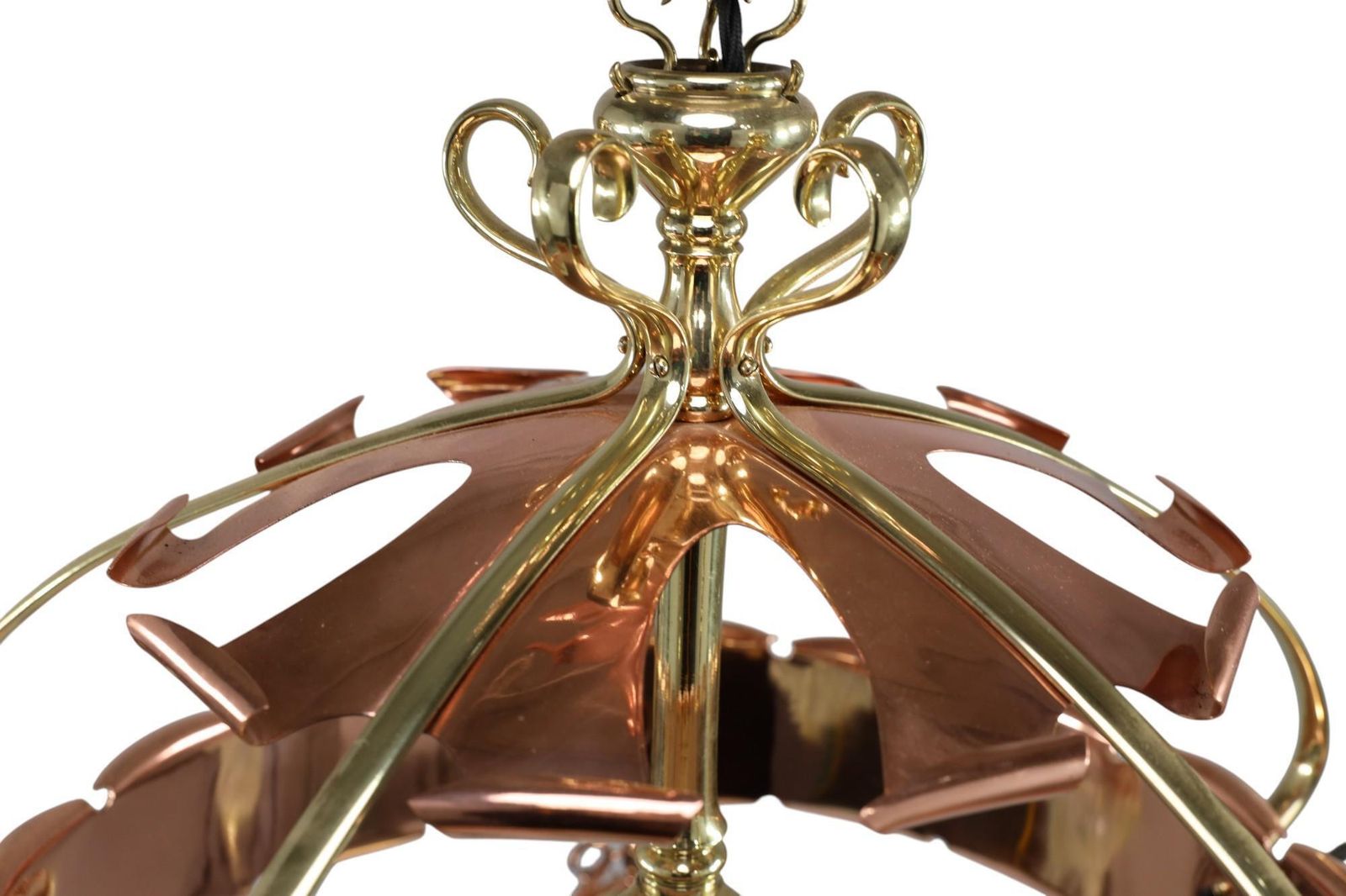 W. A. S. Benson. Arts & Crafts Copper & Brass Chandelier With 5 Vaseline Shades photo Lighting