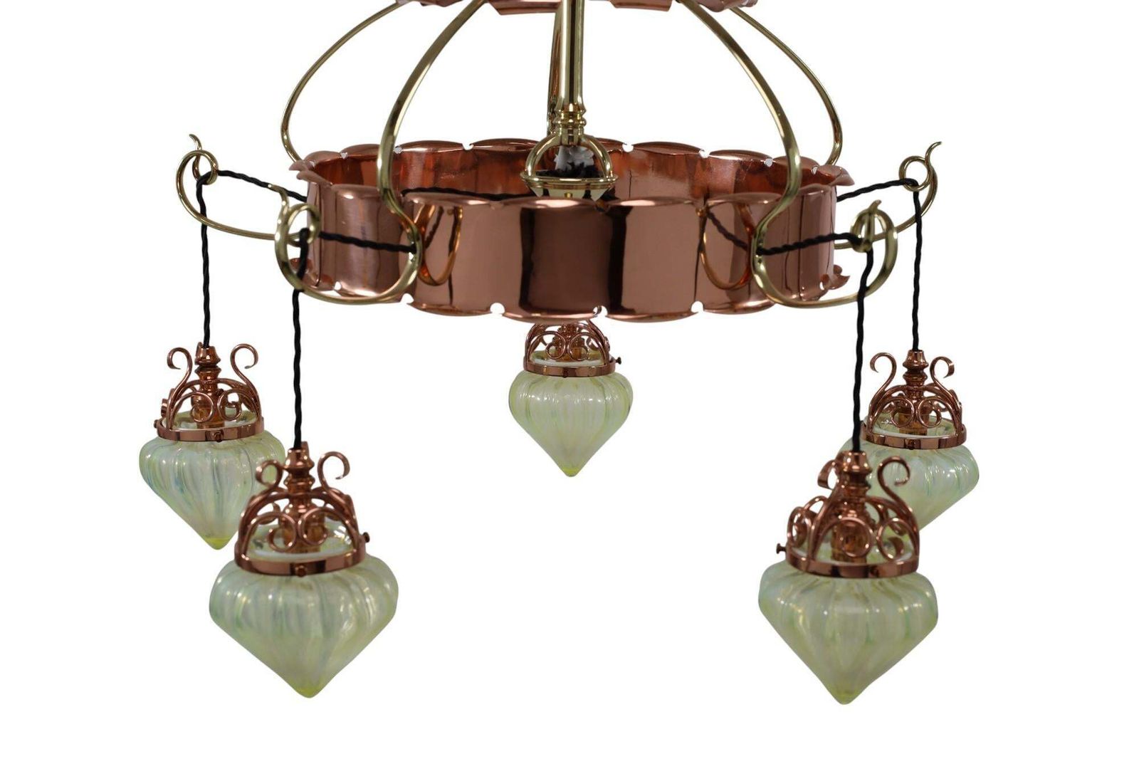 W. A. S. Benson. Arts & Crafts Copper & Brass Chandelier With 5 Vaseline Shades photo vinterior