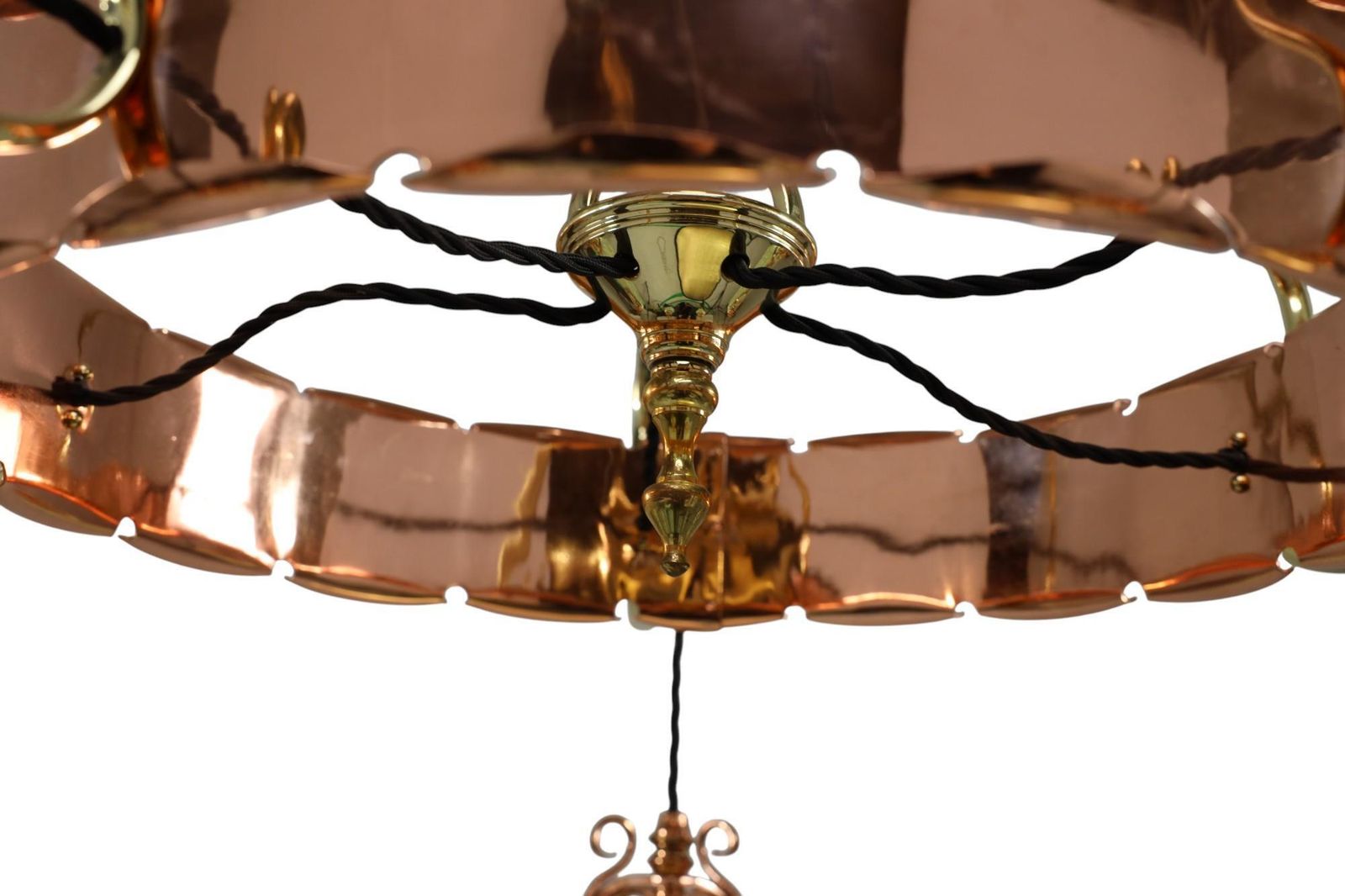 photo furniture W. A. S. Benson. Arts & Crafts Copper & Brass Chandelier With 5 Vaseline Shades