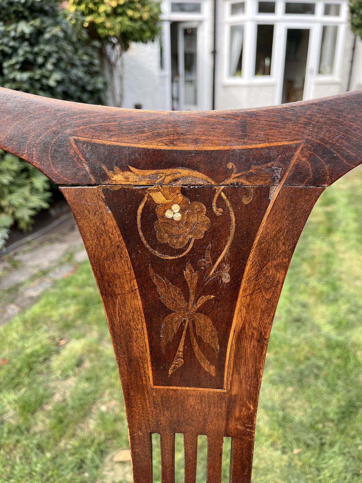 Elegant Pair Of 1920s Queen Anne Revival Chairs With Inlay & Cabriole Legs photo furniture