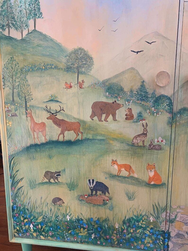 Handpainted Children's Nursery Woodland Animal Wildlife Tallboy Storage With Drawers photo furniture