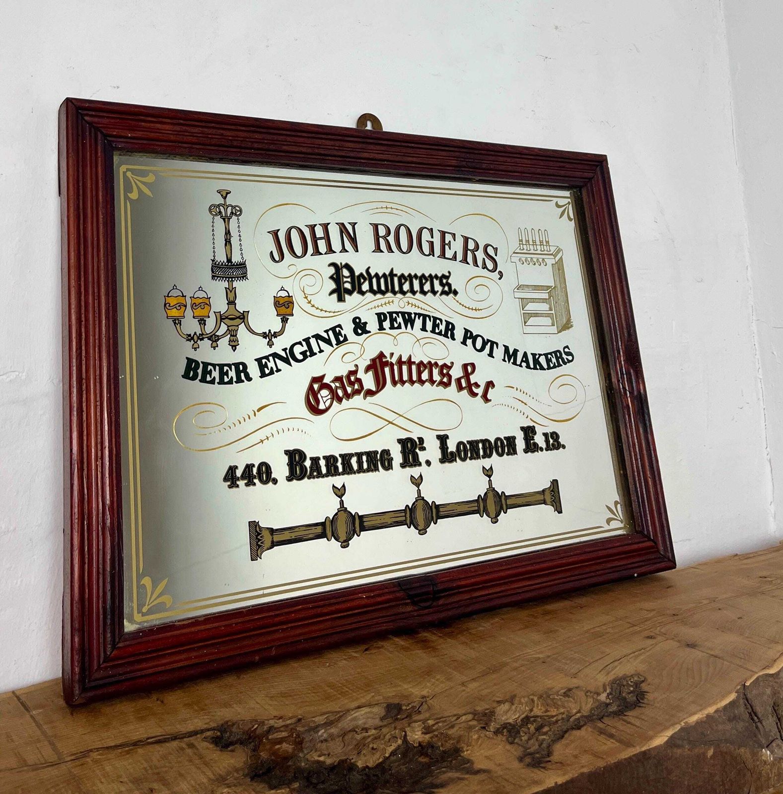 Vintage John Rogers, Pewterers Beer Engine & Pewter Pot Makers, Advertising Mirror, Victorian London photo furniture