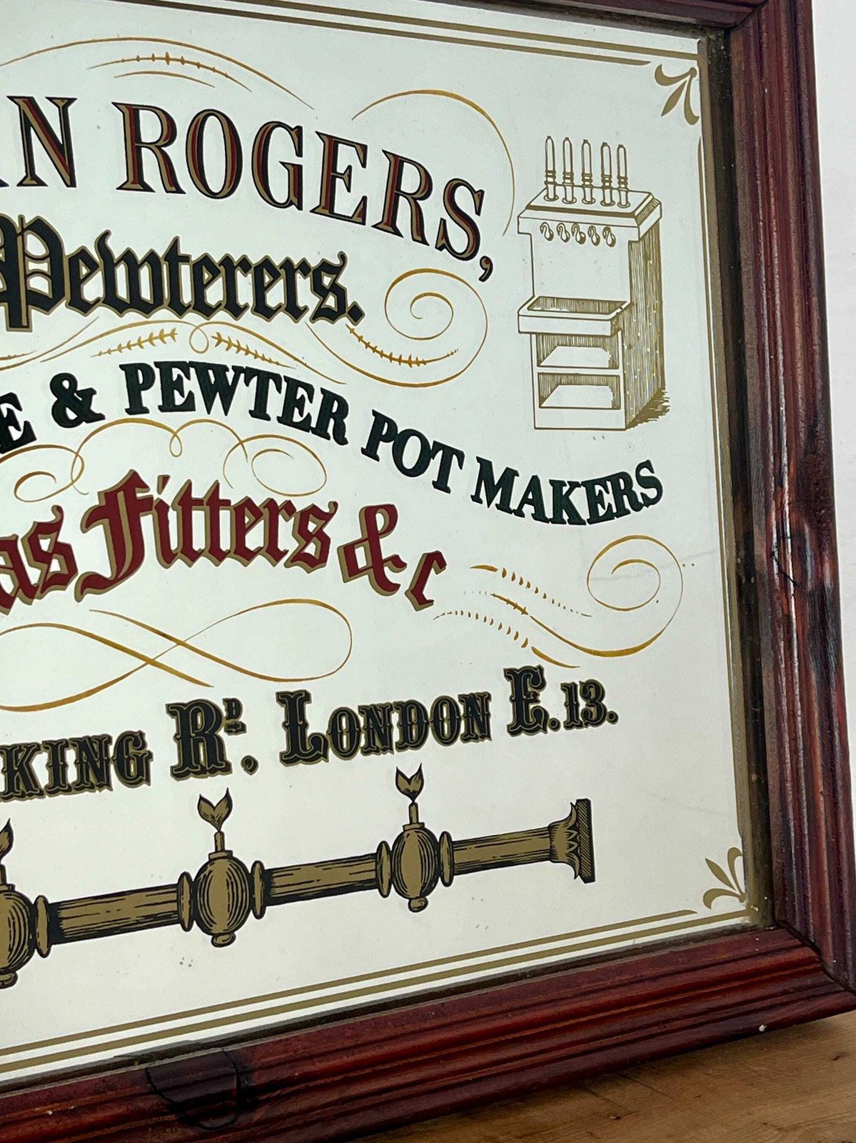Vintage John Rogers, Pewterers Beer Engine & Pewter Pot Makers, Advertising Mirror, Victorian London photo vinterior