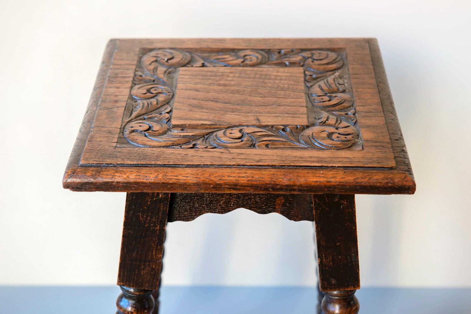 Antique Hand Carved Oak Table, Dark Brown Stool With Bobbin Legs, 19th Century, Square Plant Stand, Rustic Wooden Side Table photo buy