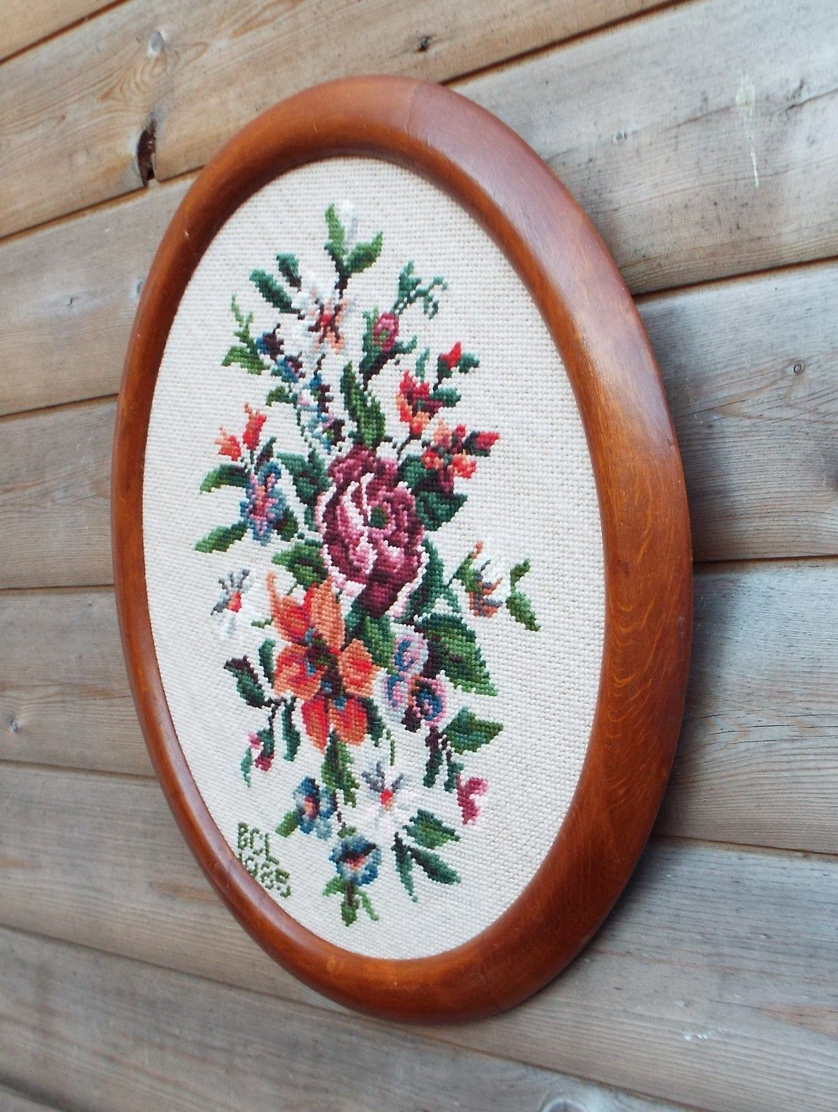 Vintage  Wool Tapestry  Needlepoint Picture Floral Dark Red Rose Framed Large photo furniture