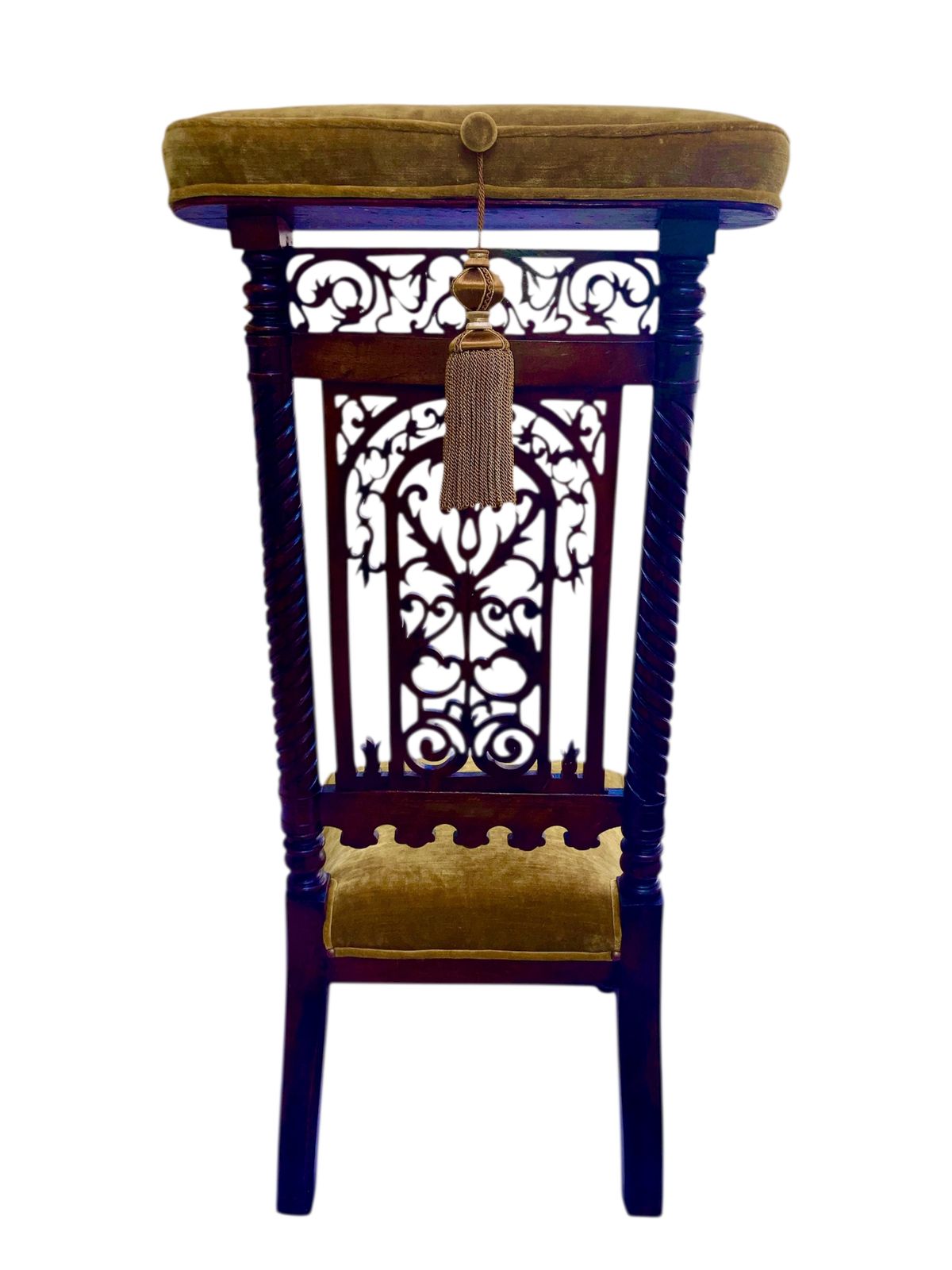 Victorian Mahogany  Prie Dieu Chair, Circa 1870, With Yellow  Velvet Upholstery And Gold Tassel Fully Restored photo vinterior