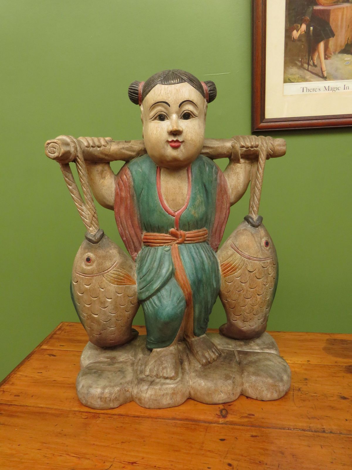 Vintage Asian Wooden Figure Carrying Fish photo furniture