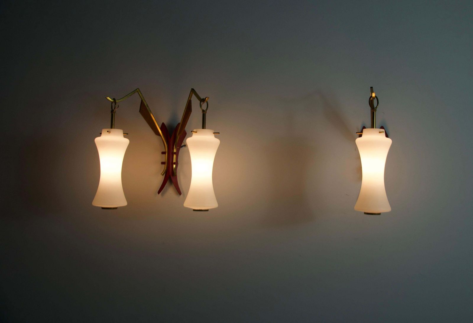 Pair Of Brass And Opaline Wall Lamps By Stilnovo, Italy, 1960s photo furniture