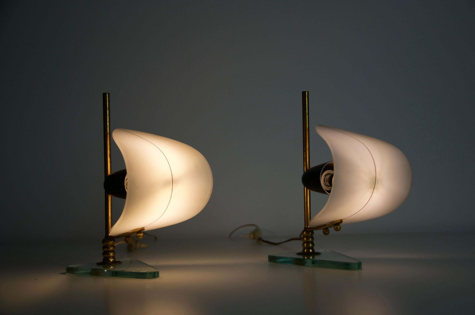 Pair Of Brass And Opaline "Sailboat" Table Lamps, Italy, 1950s photo for sale