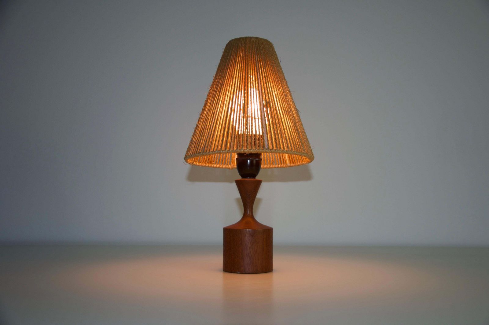 photo for sale Midcentury Teak And Sisal Table Lamp By Temde, Circa 1970