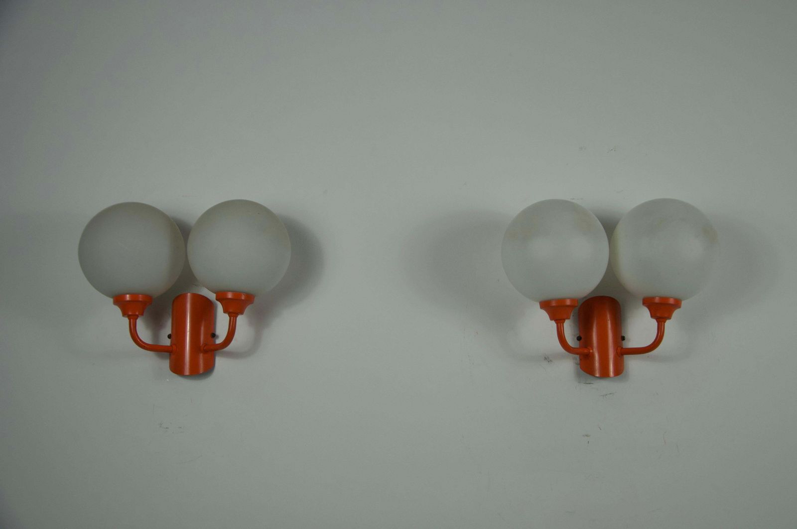 Pair Of Orange Metal And Opaline Glass Wall Lamps, Germany, 1960s photo vinterior