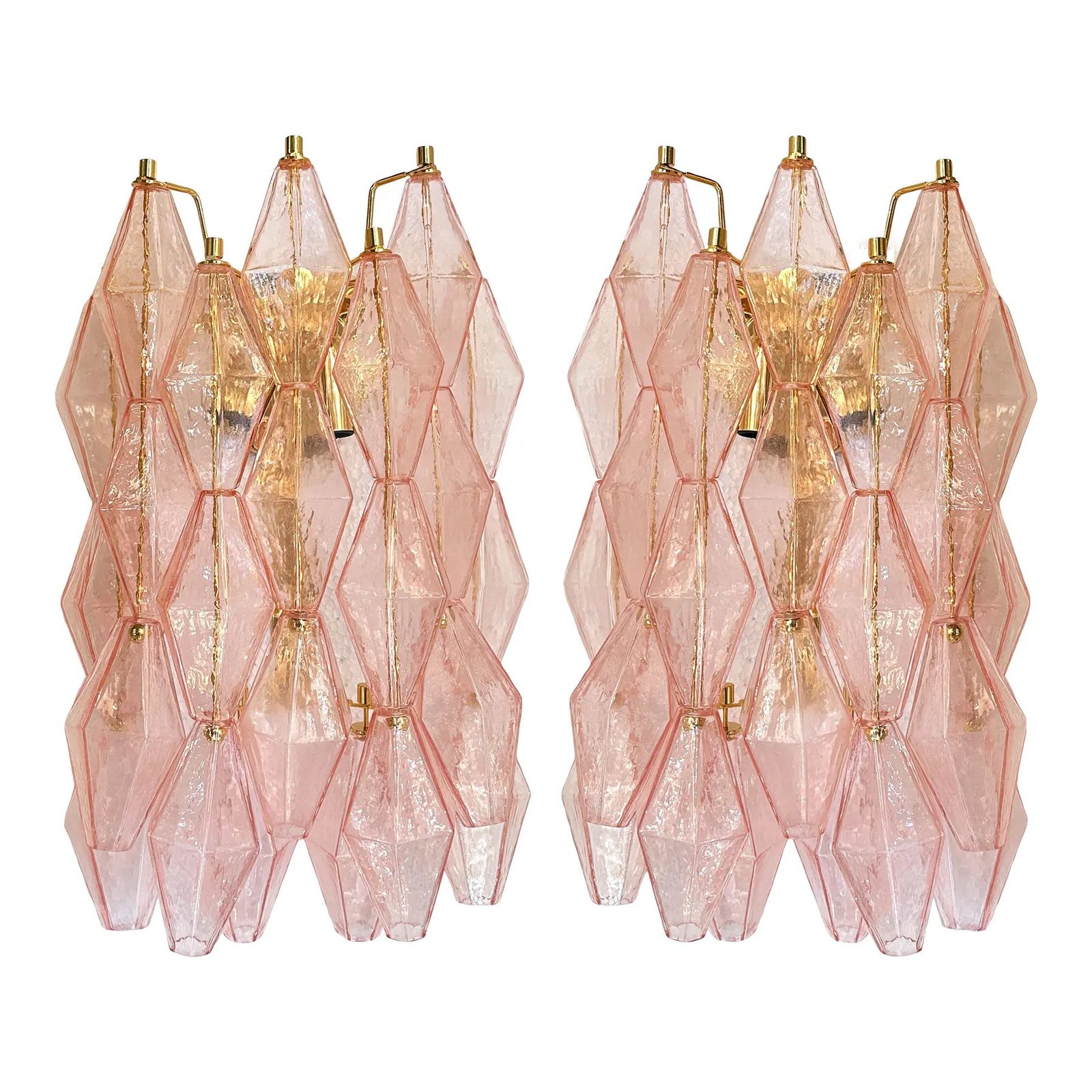 Set Of Two Contemporary Pink “Poliedri” Murano Glass Gold 24k Wall Sconces