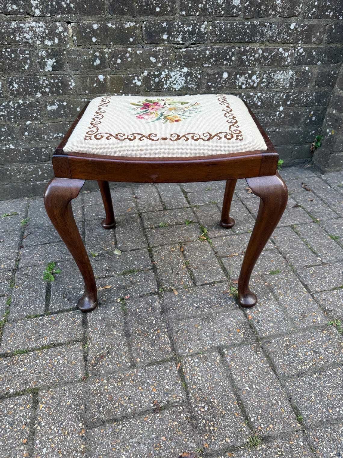 Antique Style Needlepoint Footstool With Cabriole Legs  Vintage 1930s–1950s Wooden Stool With Hand Worked Floral Tapestry Seat photo Furniture