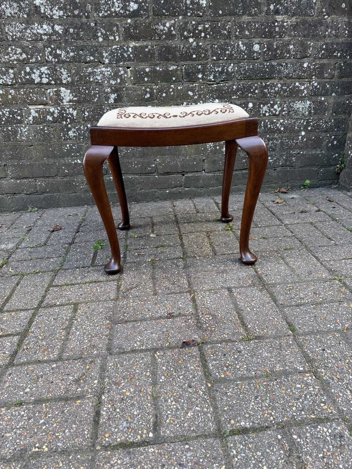 Antique Style Needlepoint Footstool With Cabriole Legs  Vintage 1930s–1950s Wooden Stool With Hand Worked Floral Tapestry Seat photo vintage
