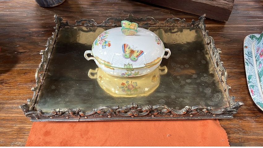 A Beautiful Continental Brass Panelled Wood Display Tray photo furniture