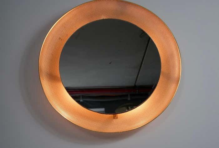Midcentury Modern Italian Round Illuminated Brass Wall Mirror Italy 1960s photo furniture