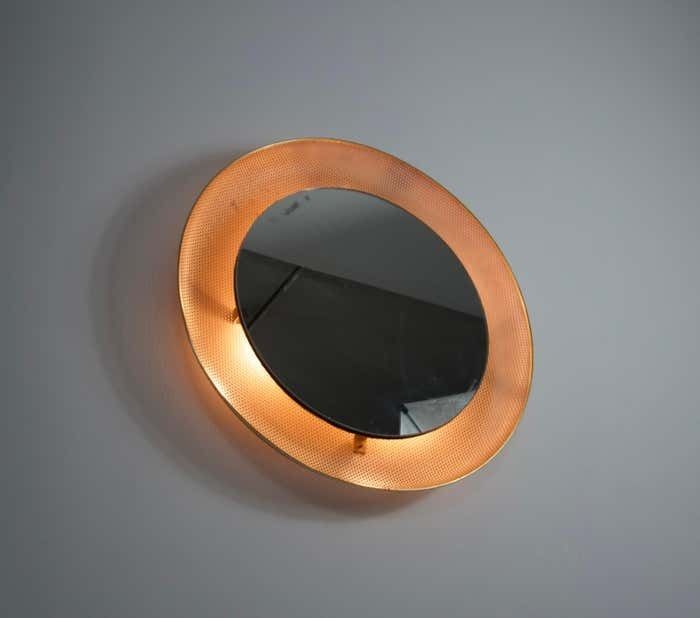 Midcentury Modern Italian Round Illuminated Brass Wall Mirror Italy 1960s photo for sale