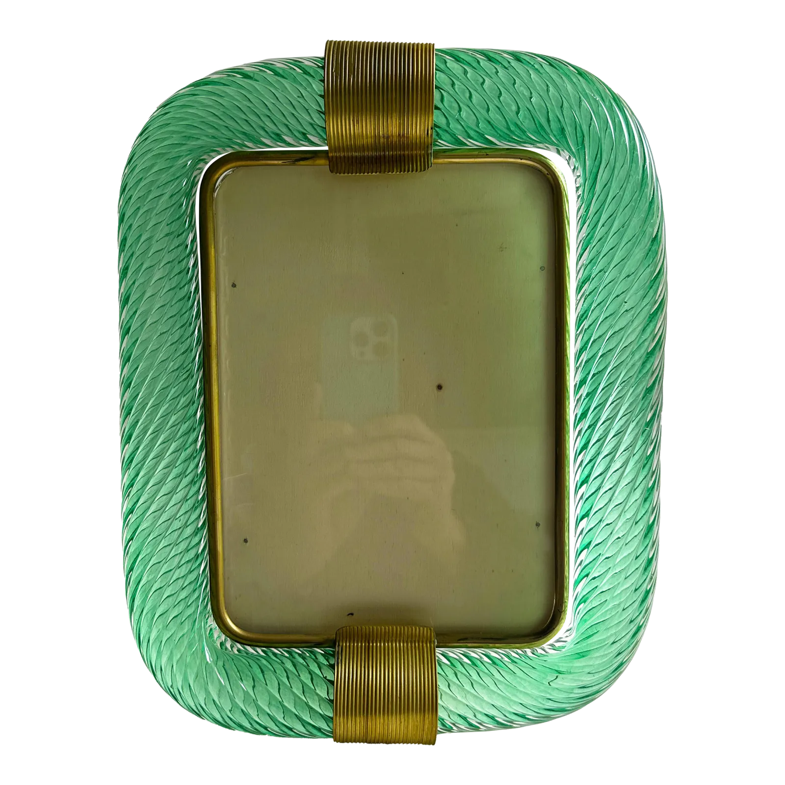 Mid Century Modern Style Green "Torchon" Murano Glass Picture Frame And Brass In Barovier Style