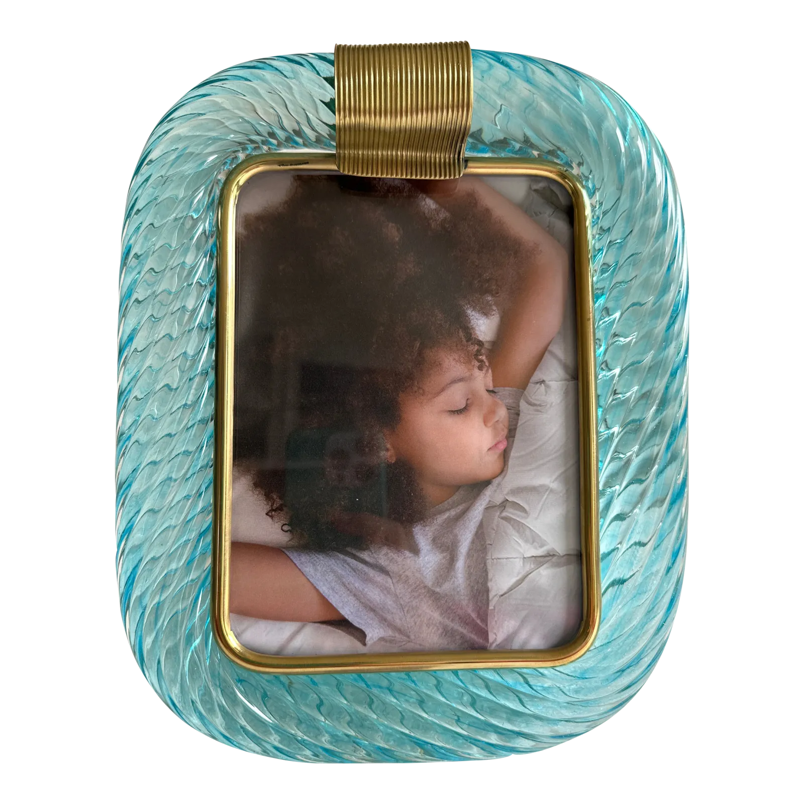 Mid Century Modern Style Light Blue "Torchon" Murano Glass Small Picture Frame And Brass In Barovier Style photo buy