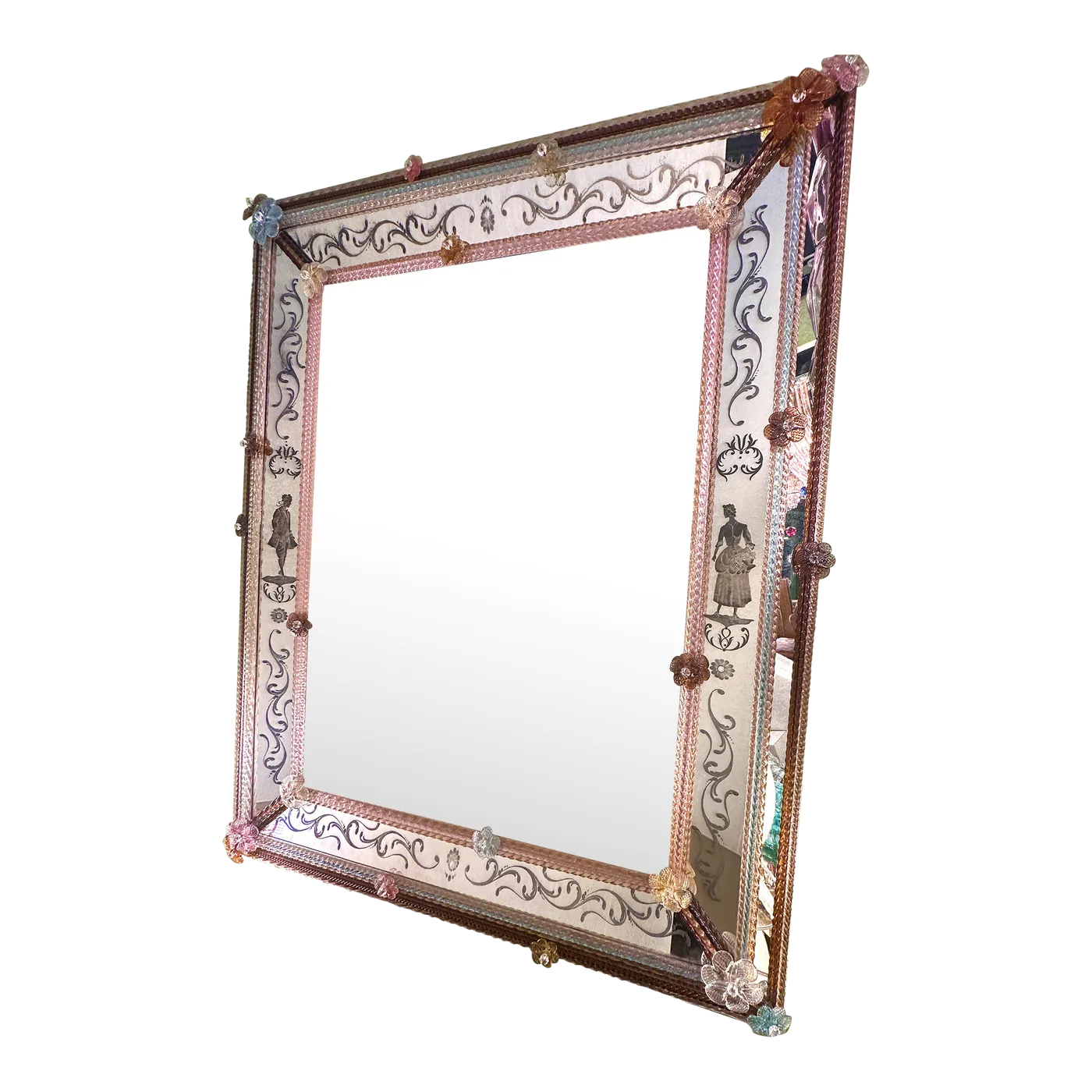Venetian Nobles Figures With Flowers Hand Carving Mirror Murano Glass