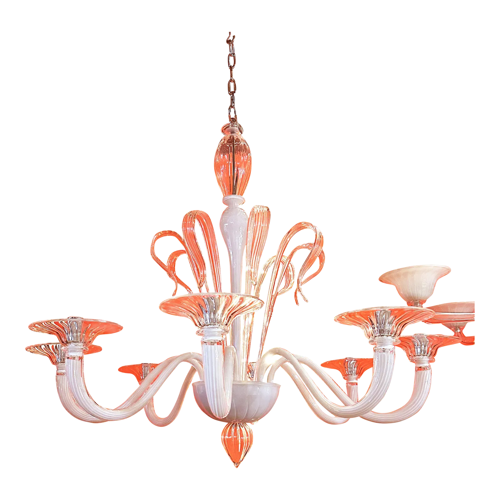 Contemporary White With Transparent Leaves And Boubeches Murano Glass Chandelier
