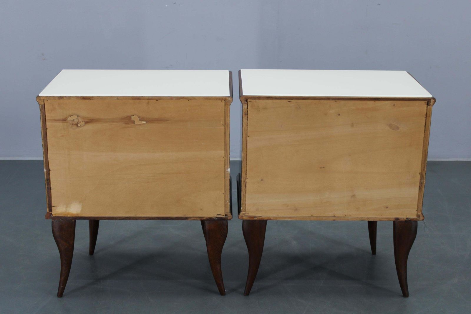 Pair Of Mid Century Italian Walnut Nightstands With Glass Top, 1950s photo vintage