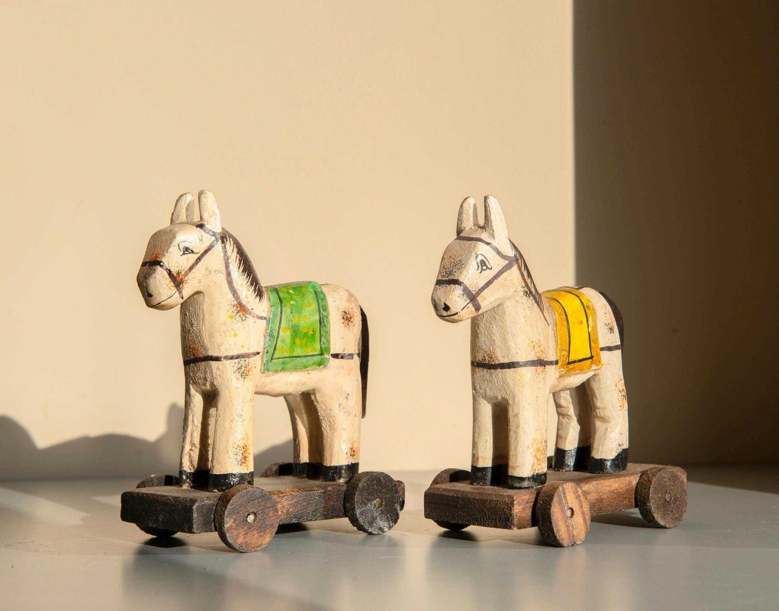 Indian Wooden Horses, Folk Art Horse Statues On Wheels, Set Of 2 Decorative Pony Figurines, Bohemian Home Decor