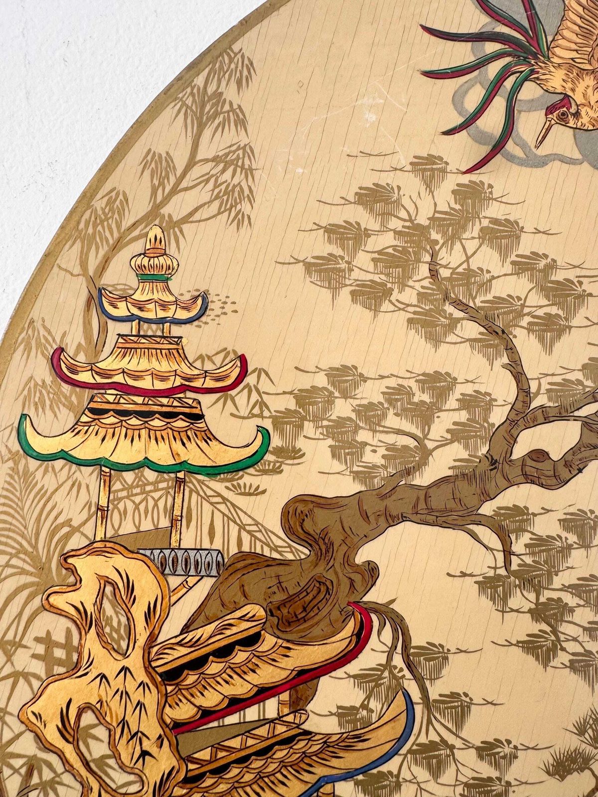 Vintage Hand Painted Lacquered Round Gold Chinoserie Panel photo 165.0