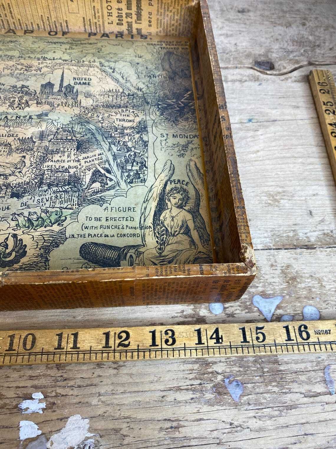 Unique Vintage Satirical Punch French Wooden Decoupage Tray  In Good Condition photo vintage
