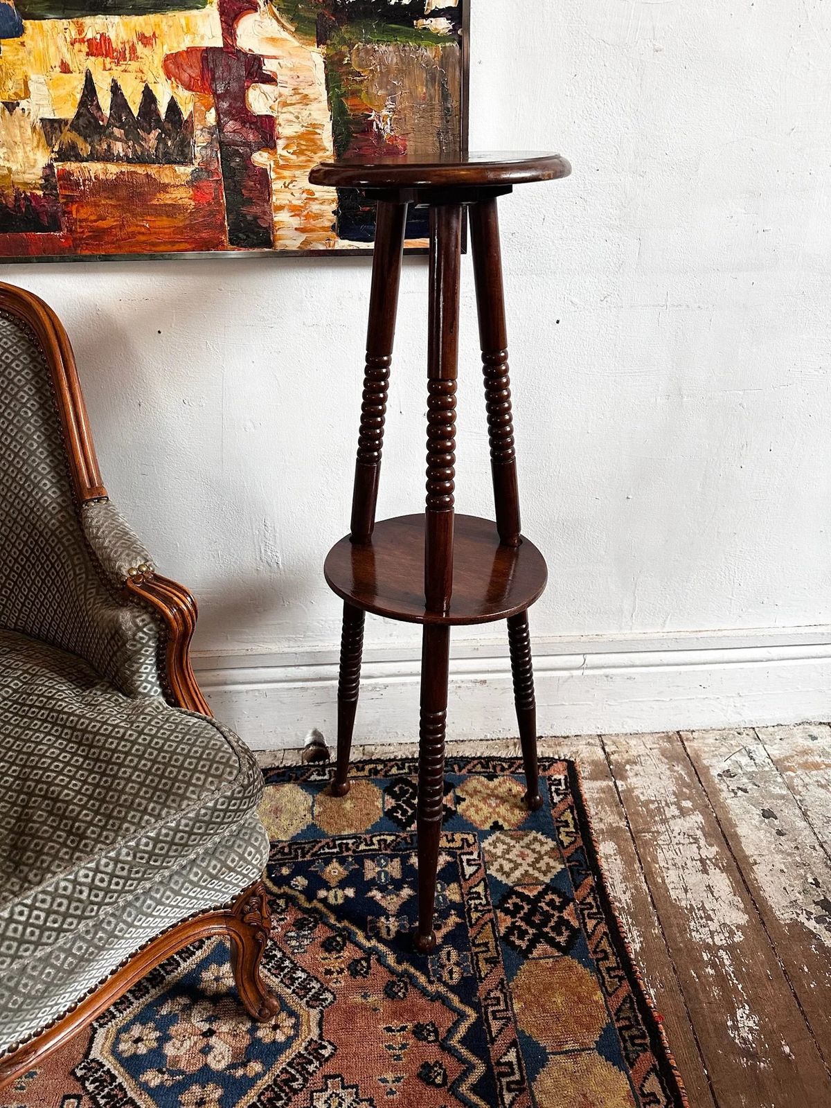 Mahogany Plant Stand, Tripod Of Bobbin Bead Legs. English C1960.