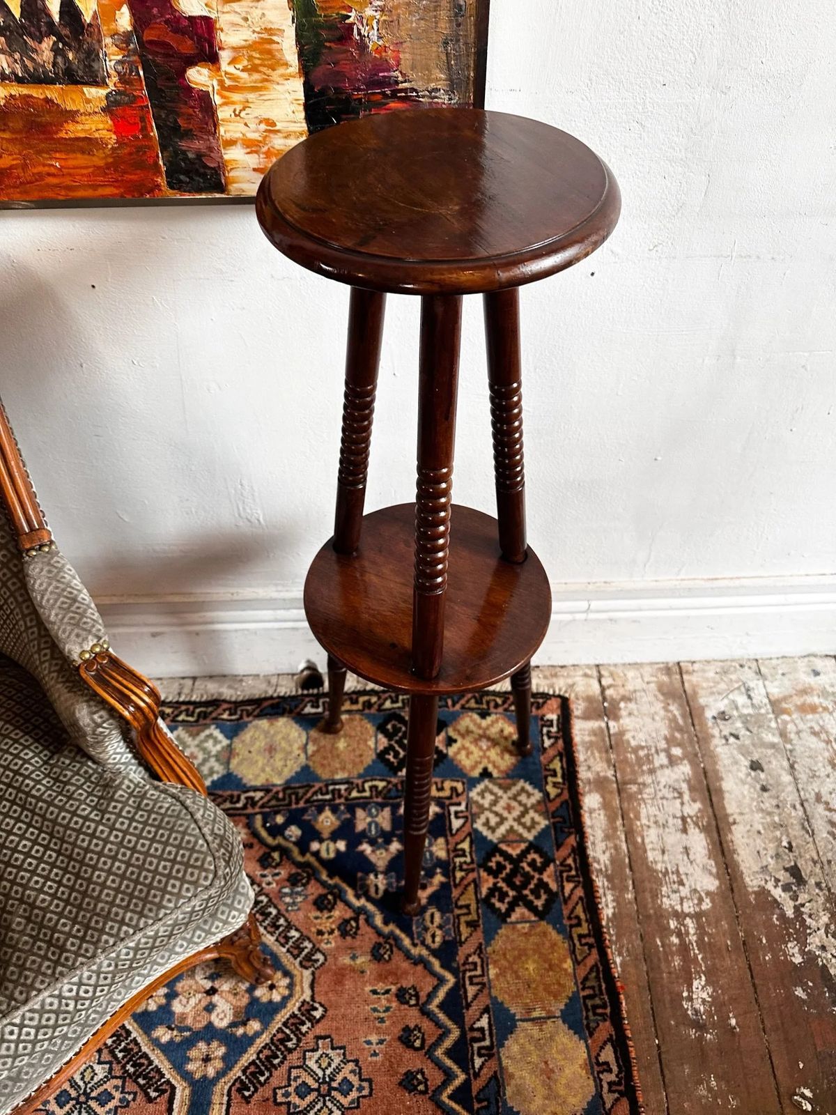Mahogany Plant Stand, Tripod Of Bobbin Bead Legs. English C1960. photo furniture