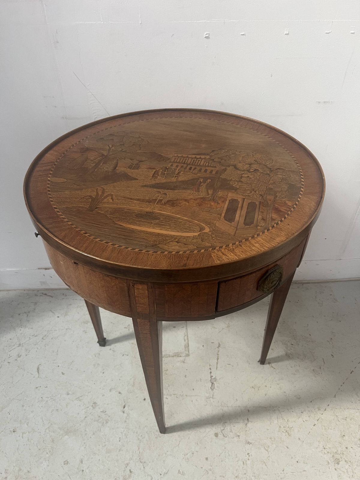 photo buy Louis XVI Style Marquetry Pedestal Table With Removable Top, 20th Century