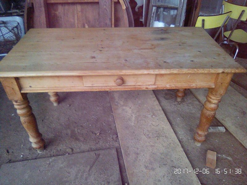 Small Chunky Vintage Pine Farmhouse Kitchen Dining Table With Drawer photo Furniture