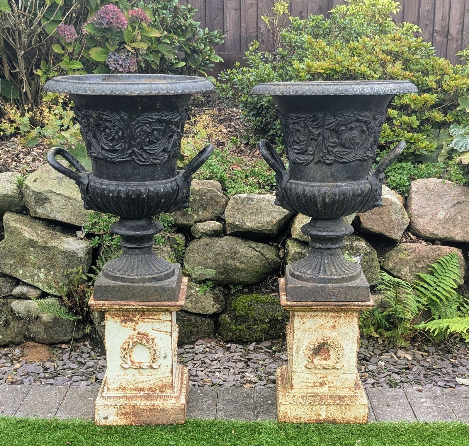 Pair Antique 19th Century Cast Iron Urns Lion Mask Handles  Delivery  Available 0086.