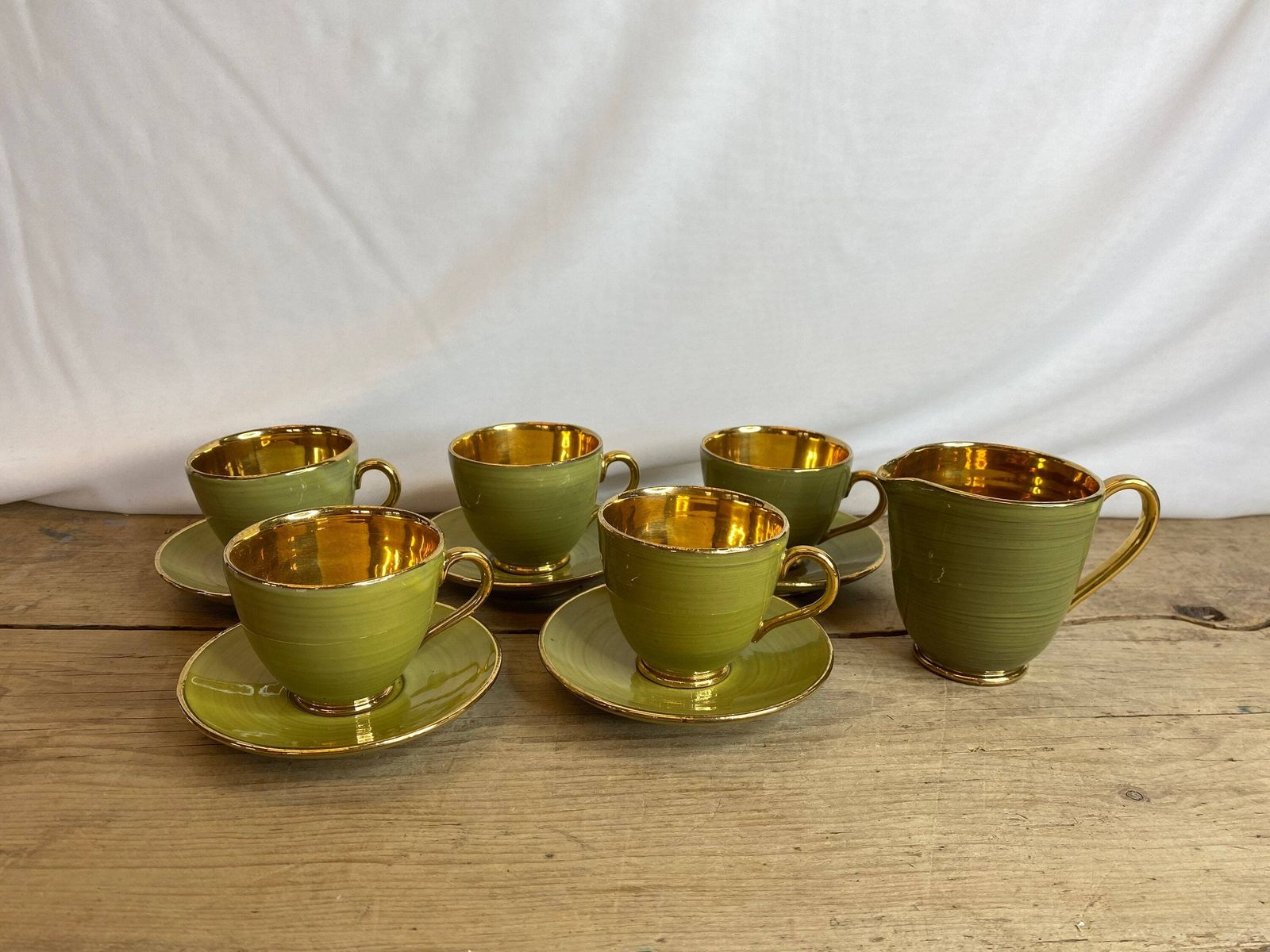 Vintage 11 Piece Studio Pottery Coffee Set 5 Green And Gold Terracotta Coffee Cans / Espresso Cups And Saucers And Milk Jug Good Condition