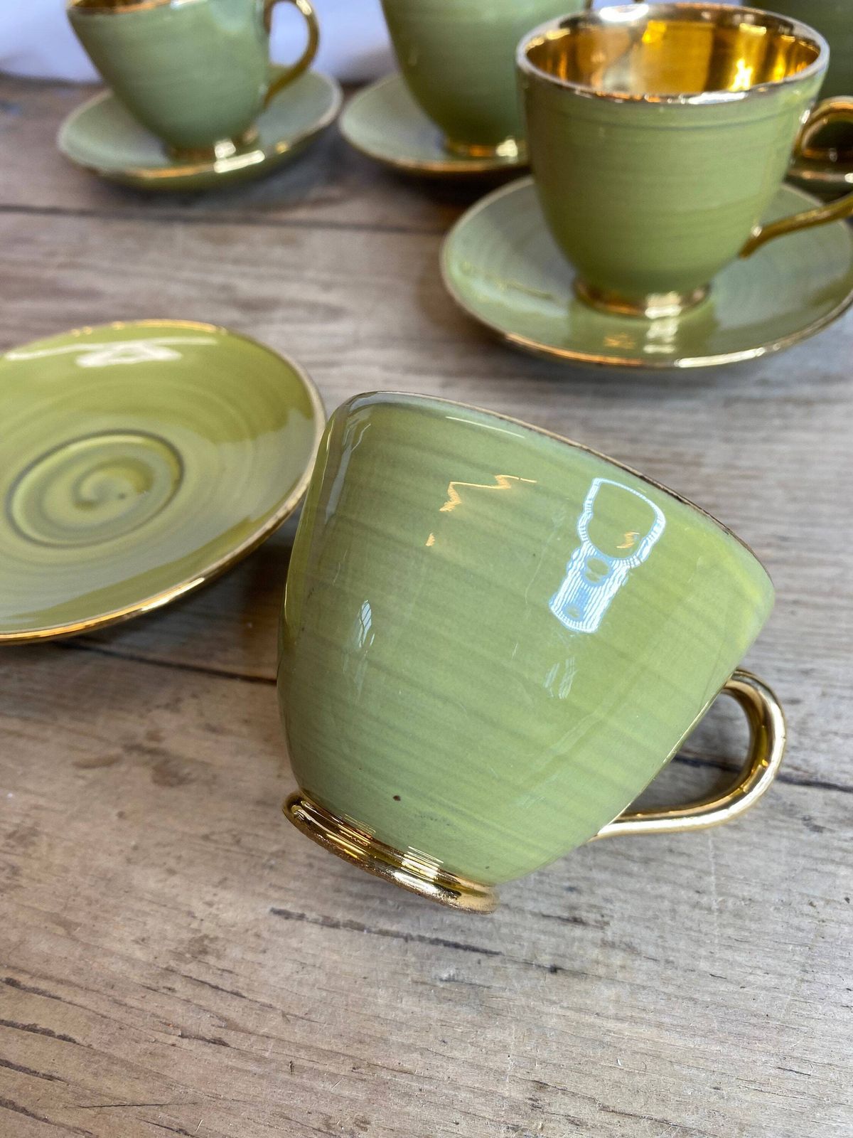 Vintage 11 Piece Studio Pottery Coffee Set 5 Green And Gold Terracotta Coffee Cans / Espresso Cups And Saucers And Milk Jug Good Condition photo Home Decor